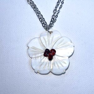 Artisan Handmade Genuine Garnet & Mother of Pearl Hibiscus Flower Necklace Boho